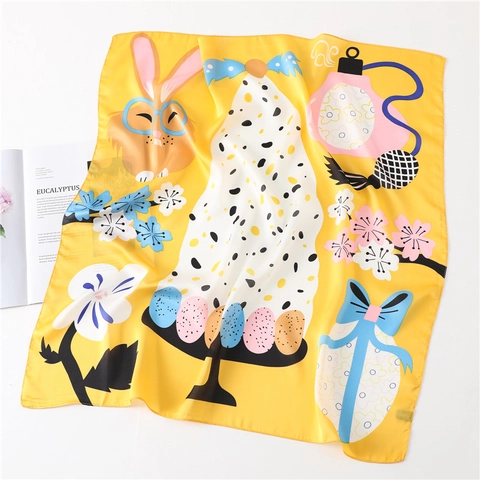 Dames Satijn Zijdeachtig Vierkante Sjaal Cartoon Konijn Dier Bloemenprint Artistieke Halssjaal Haarband Tas Accessoire