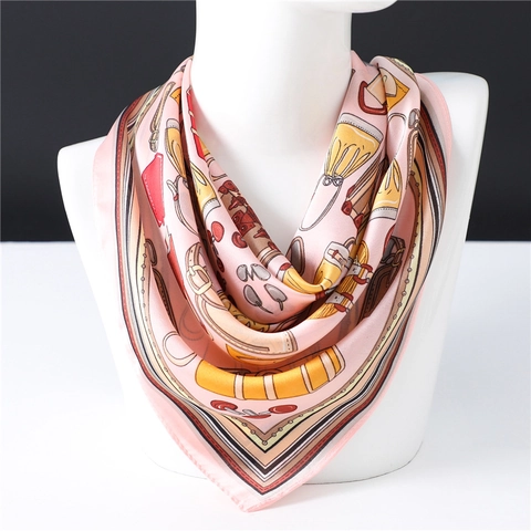 Elegant Faux Satin Square Scarf Women Retro Handbag Print Neckerchief Versatile Satin Hair Band Bag Accessory Headband