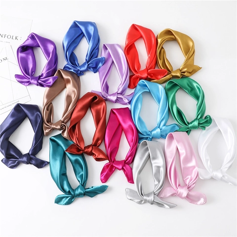 Fashion Women Solid Color Satin Square Scarf Luxury Silky Satin Neck Scarf Elegant Professional Office Hair Band Decorative Scarf