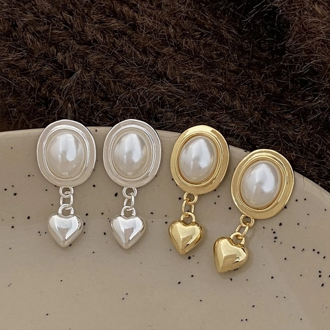 Pendientes De Colgante De Corazón Vintage Francés Con Perla Artificial De Imitación Ovalada Base De Cobre Joyas Para Mujer