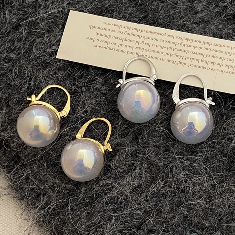 Vintage Französische Kupfer Hängeohrringe Mit Irisierender Großer Perle Elegante Retro Ohrringe Für Damen