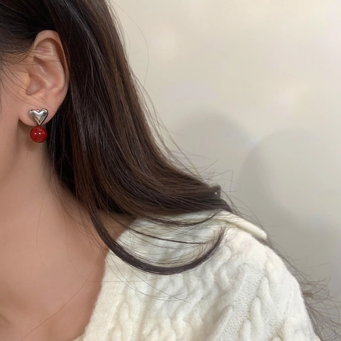 Heart Drop Earrings With Red Imitation Artificial Pearl And Copper Earring Post Vintage Chic Festive Jewelry For Women