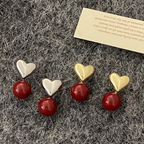 Heart Drop Earrings With Red Imitation Artificial Pearl And Copper Earring Post Vintage Chic Festive Jewelry For Women