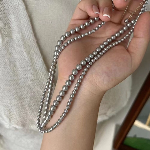 Grey Faux Artificial Pearl Necklace With Metal Extension Chain Elegant Minimalist Clavicle Jewelry For Women