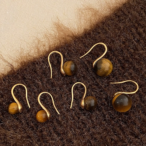 Tiger Eye Stone Dangle Earrings Round Bead Copper Ear Hook Retro Elegant Vintage Style Jewelry For Women