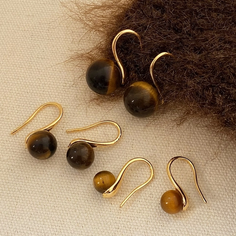Tiger Eye Stone Dangle Earrings Round Bead Copper Ear Hook Retro Elegant Vintage Style Jewelry For Women