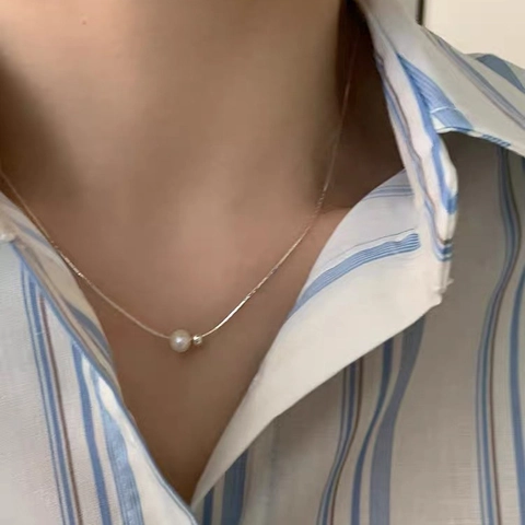 Collar Colgante De Plata De Ley 925 Elegante Perla Artificial Y Decoración De Bola De Metal Cadena De Serpiente Joyería Para Mujeres Oro