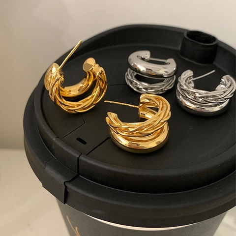 Double Layer Hoop Earrings Braided Texture Smooth Real Gold Plated C Shape Jewelry With 925 Sterling Silver Earring Post