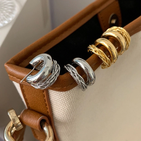Double Layer Hoop Earrings Braided Texture Smooth Real Gold Plated C Shape Jewelry With 925 Sterling Silver Earring Post