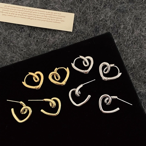 Minimalistische Hart Hoop En Knop Oorbellen Koper Met 925 Sterling Zilveren Oorsteker Gedraaid Gepolijst Metaal