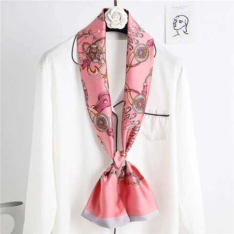 French Vintage Satin Skinny Scarf For Women Equestrian Chain Print Narrow Long Neck Tie Scarf For Suit Decoration Jewelry