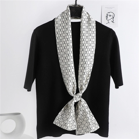 French Vintage Satin Skinny Scarf For Women Equestrian Chain Print Narrow Long Neck Tie Scarf For Suit Decoration Jewelry