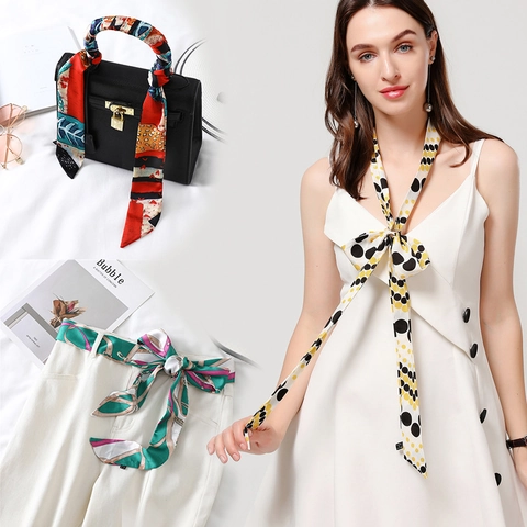 Long Narrow Skinny Scarf Twilly Polyester Printed Polka Dot Floral Multi Functional For Bag Handle Headband Neck Tie