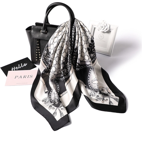 Women Square Scarf Satin Polyester Satin Feel Chain Print Geometric Pattern Elegant Neckerchief Hair Tie Fashion Accessory