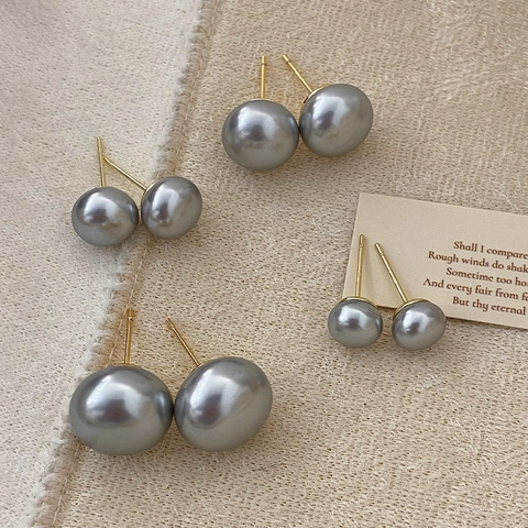 French Retro Grey Artificial Pearl Stud Earrings With 925 Sterling Silver Earring Post High Luster Minimalist Elegant Jewelry Women