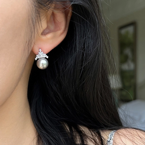 Artificial Pearl Stud Earrings Elegant Crown Design Micro Pave Zircon Inlay Jewelry For Women With Copper Earring Post