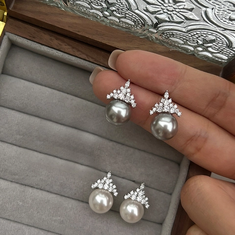 Artificial Pearl Stud Earrings Elegant Crown Design Micro Pave Zircon Inlay Jewelry For Women With Copper Earring Post