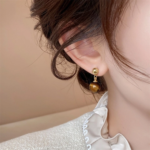 Natural Tiger Eye Stone Ball Drop Earrings Vintage Geometric Minimalist Light Luxury Jewelry For Women Copper Post