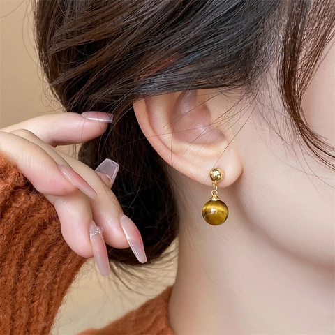 Natural Tiger Eye Stone Ball Drop Earrings Vintage Geometric Minimalist Light Luxury Jewelry For Women Copper Post