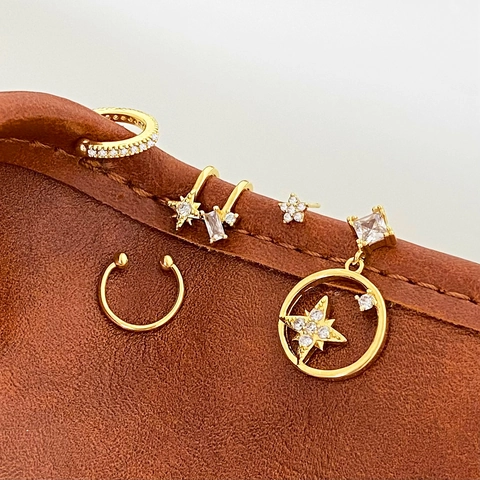 Ster Octagram Ear Cuffs En Oorknopjes Vrouwen Messing Verguld Zirkonia Geen Piercing Elegante Sieraden Accessoire