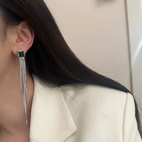 Rectangular Green Cubic Zirconia Long Tassel Drop Earrings Real Gold Plated Copper Elegant Wedding Jewelry For Women