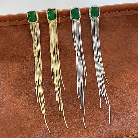 Rectangular Green Cubic Zirconia Long Tassel Drop Earrings Real Gold Plated Copper Elegant Wedding Jewelry For Women