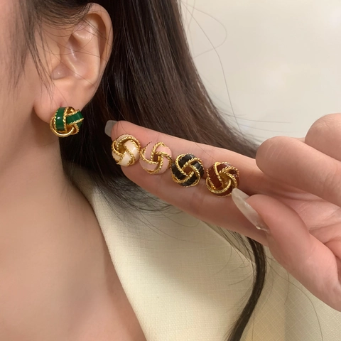 Französische Retro Knoten Ohrstecker Vergoldet Emaille Gedrehtes Seil Eleganter Schmuck Für Damen