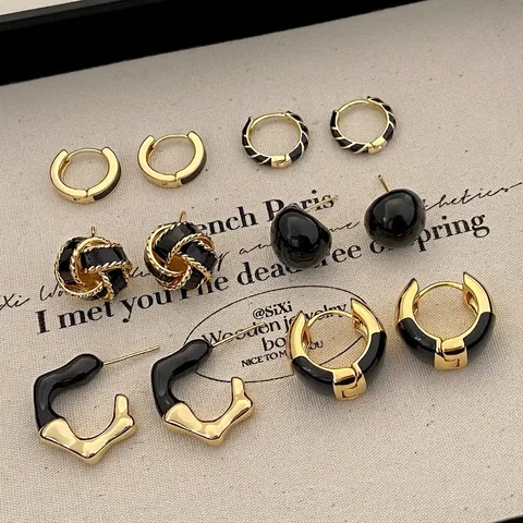 Orecchini A Cerchio Smaltati Neri Vintage Francese Geometrico Chic Gioielli Con Perno In Argento Sterling 925 Per Donne