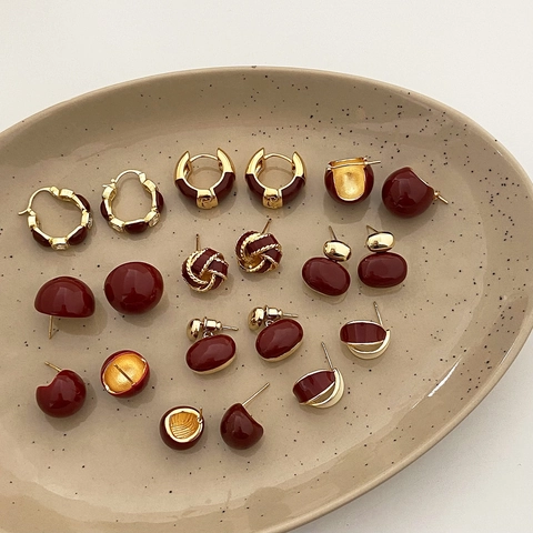 Vintage Wine Red Enamel Copper Earrings Gold Plated Geometric Round Studs Hoops Elegant Jewelry For Women