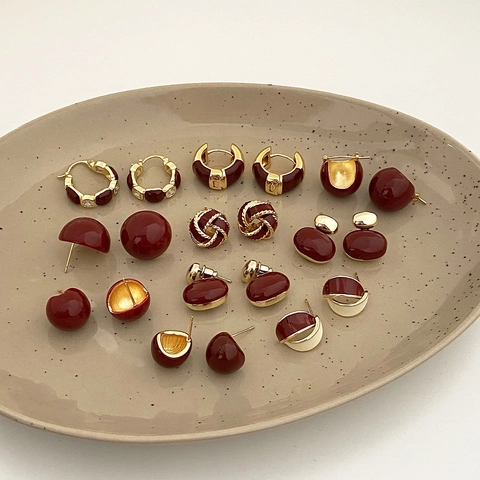 Vintage Wine Red Enamel Copper Earrings Gold Plated Geometric Round Studs Hoops Elegant Jewelry For Women