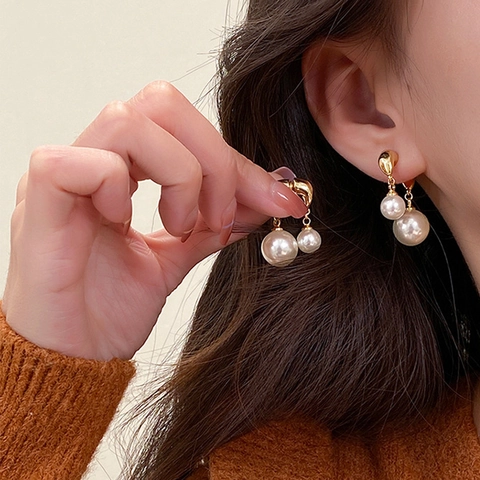 Pendientes De Gota De Doble Perla Artificial Para Mujer Lujo Minimalista Cobre Chapado En Oro Asimétrico Geométrico Joyería