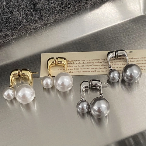 Pendientes De Gota De Doble Perla Artificial Para Mujer Lujo Minimalista Cobre Chapado En Oro Asimétrico Geométrico Joyería