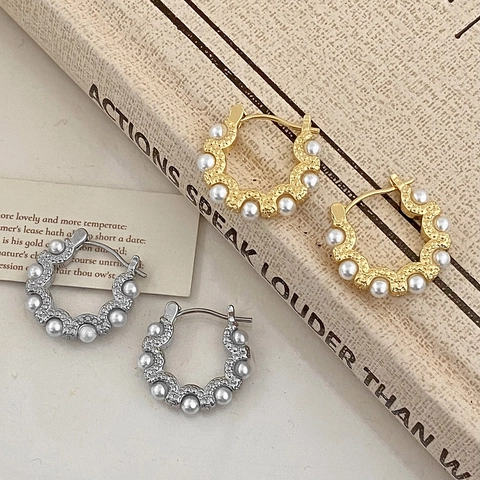 Franse Retro Geschulpte Creolen Imitatieparel Legering 925 Sterling Zilveren Oorbelpost Elegante Sieraden Voor Dames