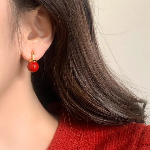 Orecchini Pendenti Con Perla Tonda Rossa Semplici Retro Eleganti Ganci In Ottone Per Donna Gioielli Chic