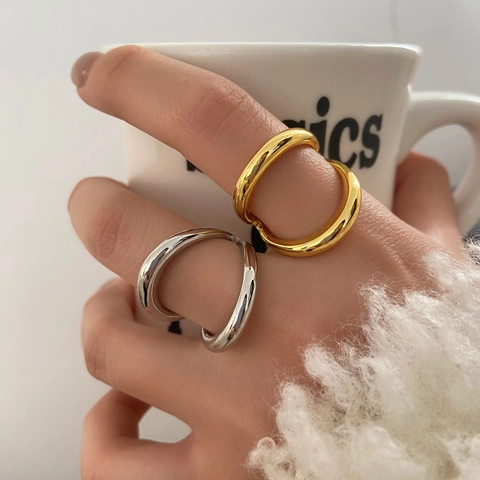 Double Layer Open Rings Copper High Polish Adjustable Wavy Geometric Minimalist Style Fashion Jewelry For Women