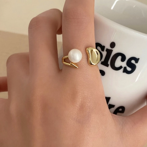 Bague Ouverte Perle Eau Douce Réglable Asymétrique Géométrique Métal Minimaliste Français Rétro Bijou Pour Femme