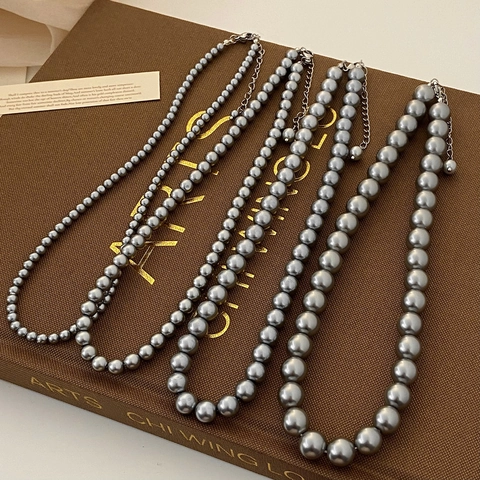 Elegant Gray Shell Artificial Pearl Necklace For Women Minimalist Single Strand Jewelry Clavicle Chain Adjustable Length