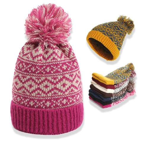 Gebreide Beanie Muts Voor Dames Warme Winter Acryl Geometrisch Patroon Pom Pon Color Block Elastisch