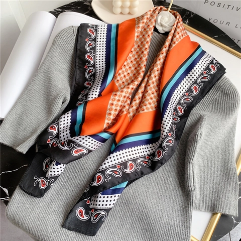 Women Square Scarf Satin Polyester Paisley Polka Dot Print Vintage Fashion Neck Wrap Accessory Elegant Retro Style