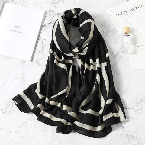 Écharpe Châle Longue En Coton Lin Motif Géométrique Lettre Imprimée Polyvalent Protection Solaire Chaud Femme