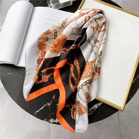 Foulard Carré Mode Élégant Satin Effet Satin Tour De Cou Cheveux Imprimé Chaîne Color Block Pour Femmes Français