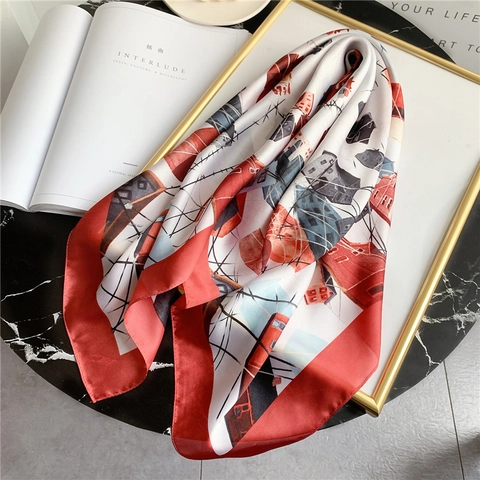 Abstract Architecture Pattern Square Scarf Polyester Satin Neckerchief Fashion Hair Band For Women