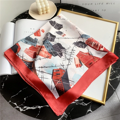 Abstract Architecture Pattern Square Scarf Polyester Satin Neckerchief Fashion Hair Band For Women