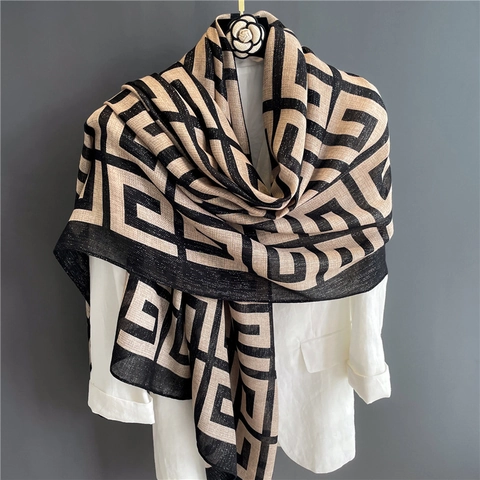 Sciarpa in Cotone e Lino con Motivo Geometrico Vintage per Donna Scialle Grande Retrò Abbinamento Colori Copricapo