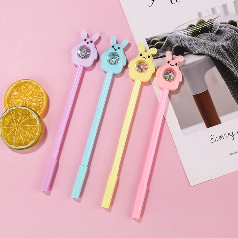 Cute Cartoon Rabbit Gel Pen Macaron Color Plastic With Moving Sequins Glitter Writing Tool For Students Office Stationery Kawaii