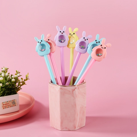 Cute Cartoon Rabbit Gel Pen Macaron Color Plastic With Moving Sequins Glitter Writing Tool For Students Office Stationery Kawaii