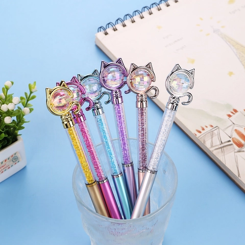 Cat Head Ballpoint Pen Crystal Diamond Transparent Barrel Rotating Writing Tool Cute Novelty Aesthetic Stationery School