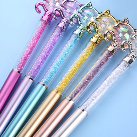 Cat Head Ballpoint Pen Crystal Diamond Transparent Barrel Rotating Writing Tool Cute Novelty Aesthetic Stationery School