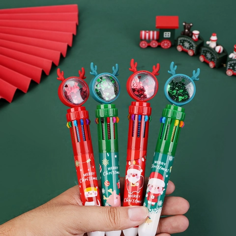Christmas Multi-Color Ballpoint Pen Retractable Plastic Cartoon Santa Reindeer Antler Sequin For Student Office Gift