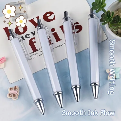 Penna A Sfera A Scatto Minimalista Bianca Plastica Punta Argento DIY Inserto Carta Cancelleria Ufficio Scuola